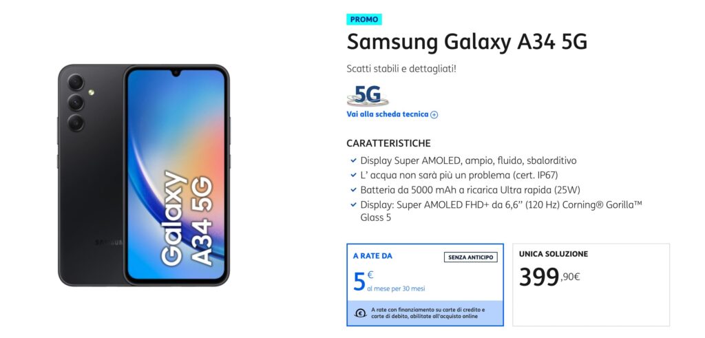 Samsung Galaxy A34 5G a 5€ al mese (sconto 63%)